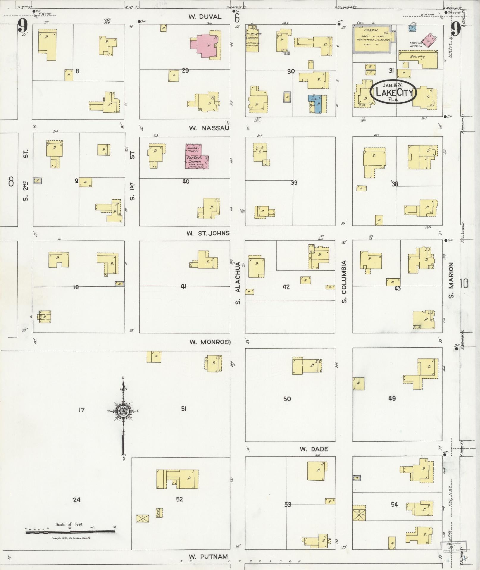 Sanborn Fire Insurance Map from Lake City, Columbia County, Florida (1924), Sheet #0009 - Complete Map Set gallery image, historic Sanborn map, vintage wall art, Florida Florida