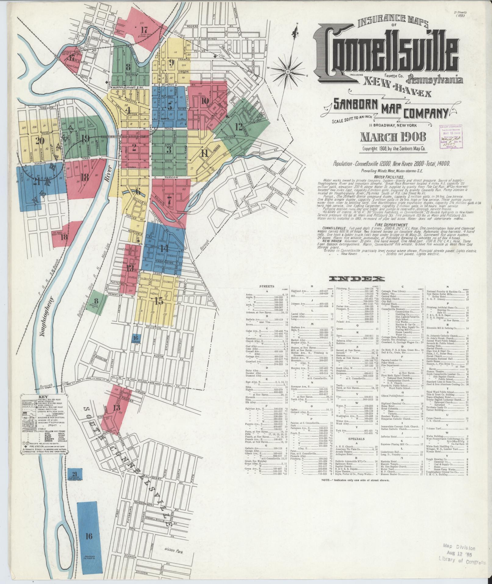Sanborn Fire Insurance Map from Connellsville, Fayette County, Pennsylvania (1908), Sheet #0001 - Historic Sanborn Fire Insurance Map Print, vintage old map wall art, antique decor, genealogy gift, Pennsylvania Pennsylvania map