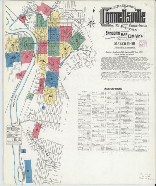 Sanborn Fire Insurance Map from Connellsville, Fayette County, Pennsylvania (1908), Sheet #0001 - Historic Sanborn Fire Insurance Map Print, vintage old map wall art, antique decor, genealogy gift, Pennsylvania Pennsylvania map