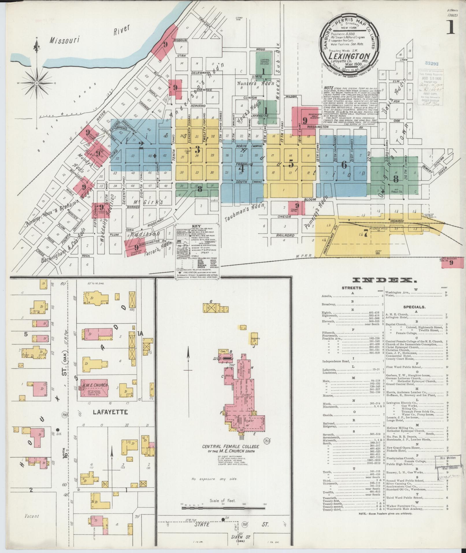 Sanborn Fire Insurance Map from Lexington, Lafayette County, Missouri (1900), Sheet #0001 - Complete Map Set gallery image, historic Sanborn map, vintage wall art, Missouri Missouri