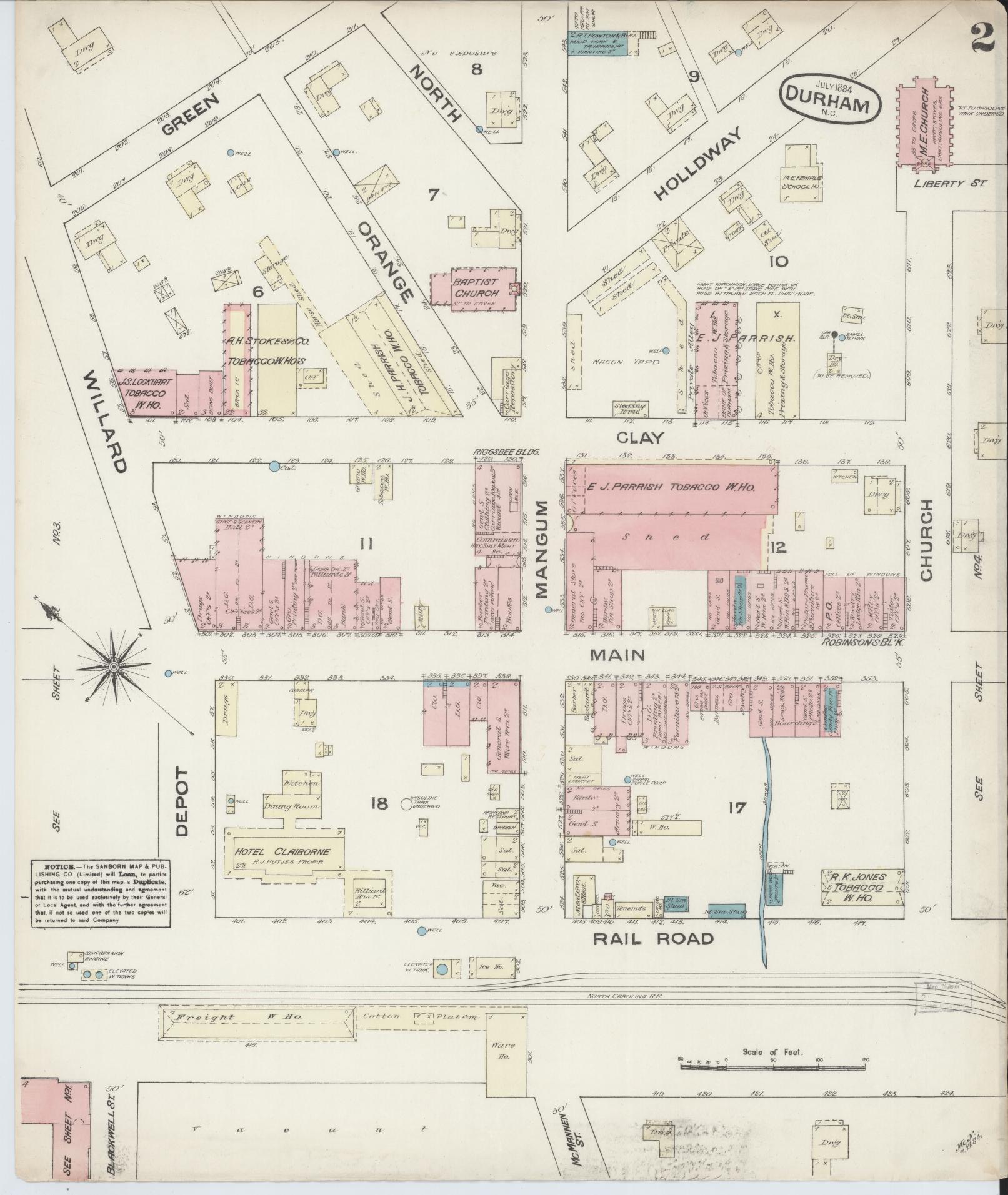Sanborn Fire Insurance Map from Durham, Durham County, North Carolina (1884), Sheet #0002 - Historic Sanborn Fire Insurance Map Print, vintage old map wall art, antique decor, genealogy gift, North Carolina North Carolina map