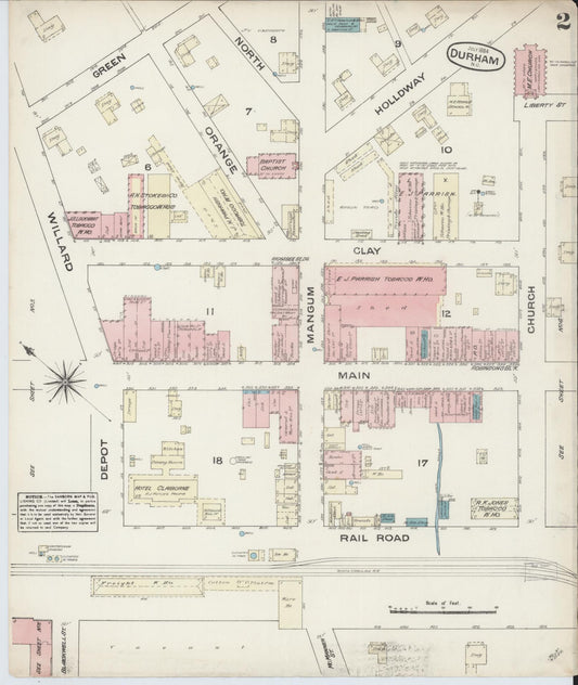Sanborn Fire Insurance Map from Durham, Durham County, North Carolina (1884), Sheet #0002 - Historic Sanborn Fire Insurance Map Print, vintage old map wall art, antique decor, genealogy gift, North Carolina North Carolina map