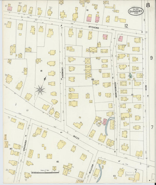 Sanborn Fire Insurance Map from Danbury, Fairfield County, Connecticut (1897), Sheet #0008 - Historic Sanborn Fire Insurance Map Print, vintage old map wall art, antique decor, genealogy gift, Connecticut Connecticut map