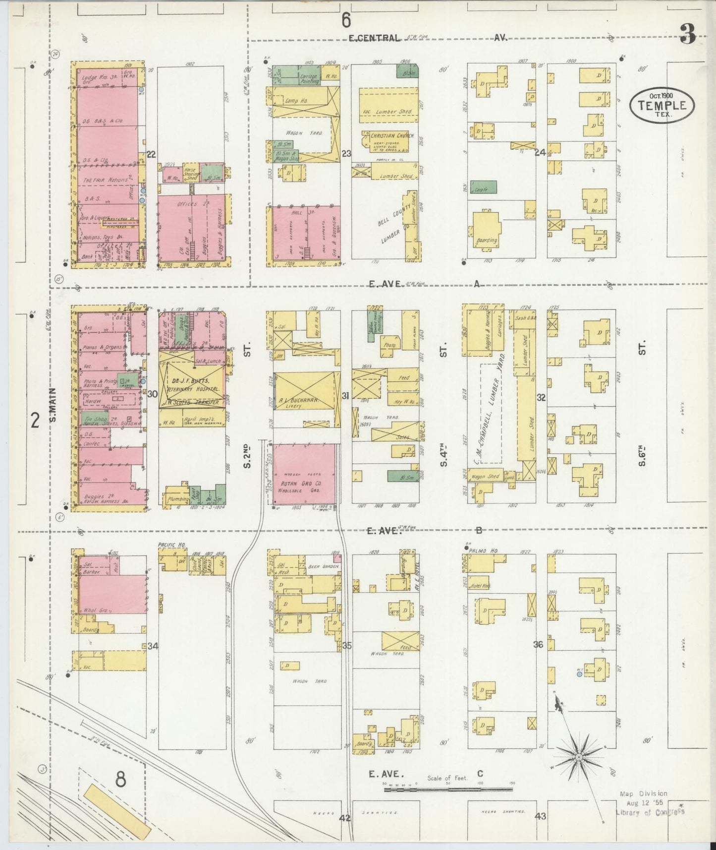 Sanborn Fire Insurance Map from Temple, Bell County, Texas (1900), Sheet #0003 - Complete Map Set gallery image, historic Sanborn map, vintage wall art, Texas Texas