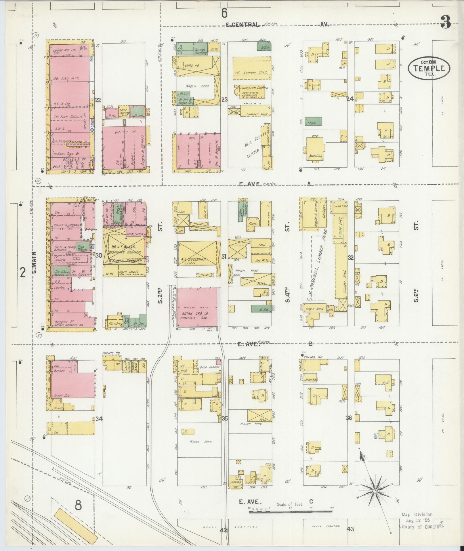 Sanborn Fire Insurance Map from Temple, Bell County, Texas (1900), Sheet #0003 - Complete Map Set gallery image, historic Sanborn map, vintage wall art, Texas Texas