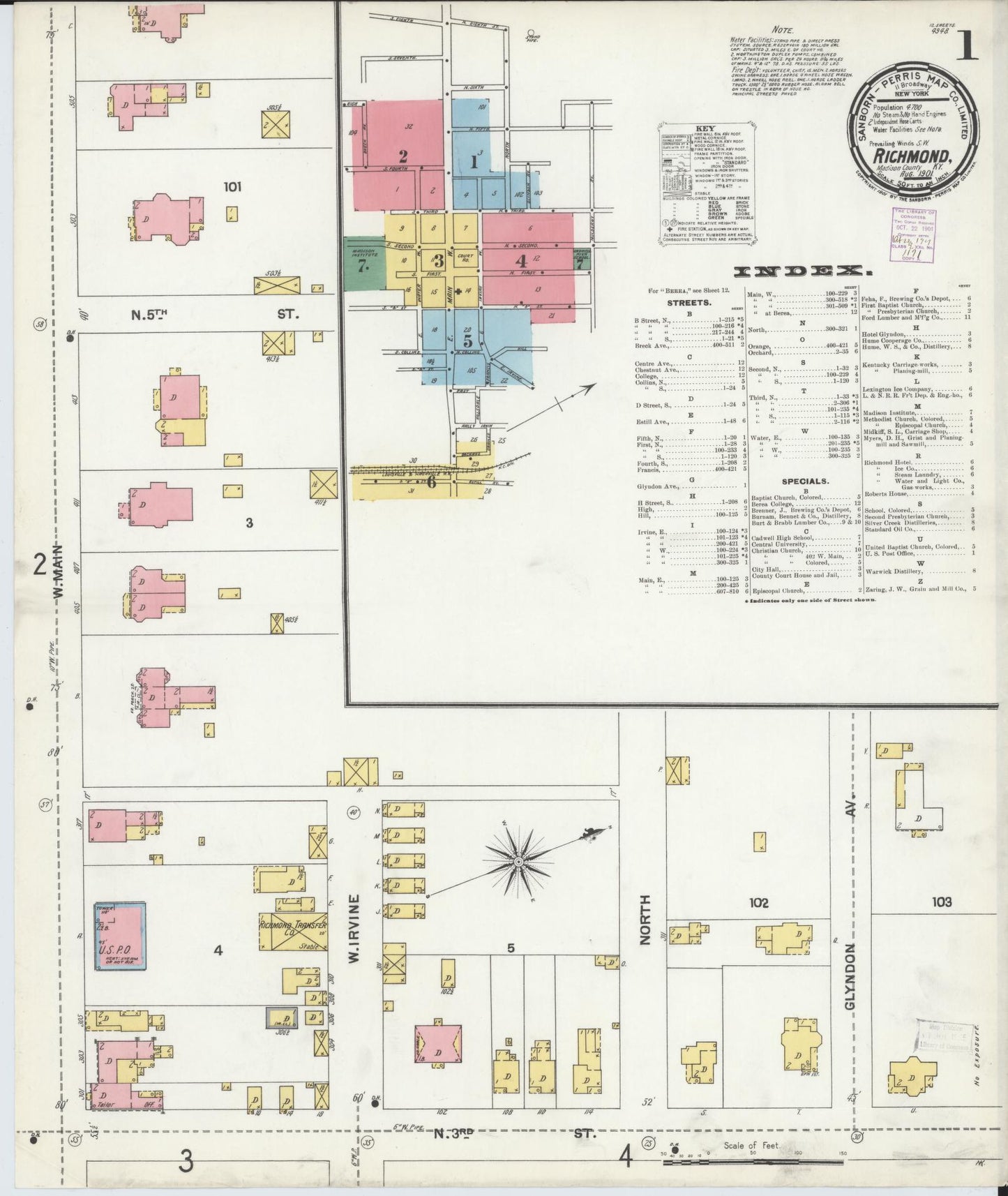 Sanborn Fire Insurance Map from Richmond, Madison County, Kentucky (1901), Sheet #0001 - Historic Sanborn Fire Insurance Map Print, vintage old map wall art, antique decor, genealogy gift, Kentucky Kentucky map