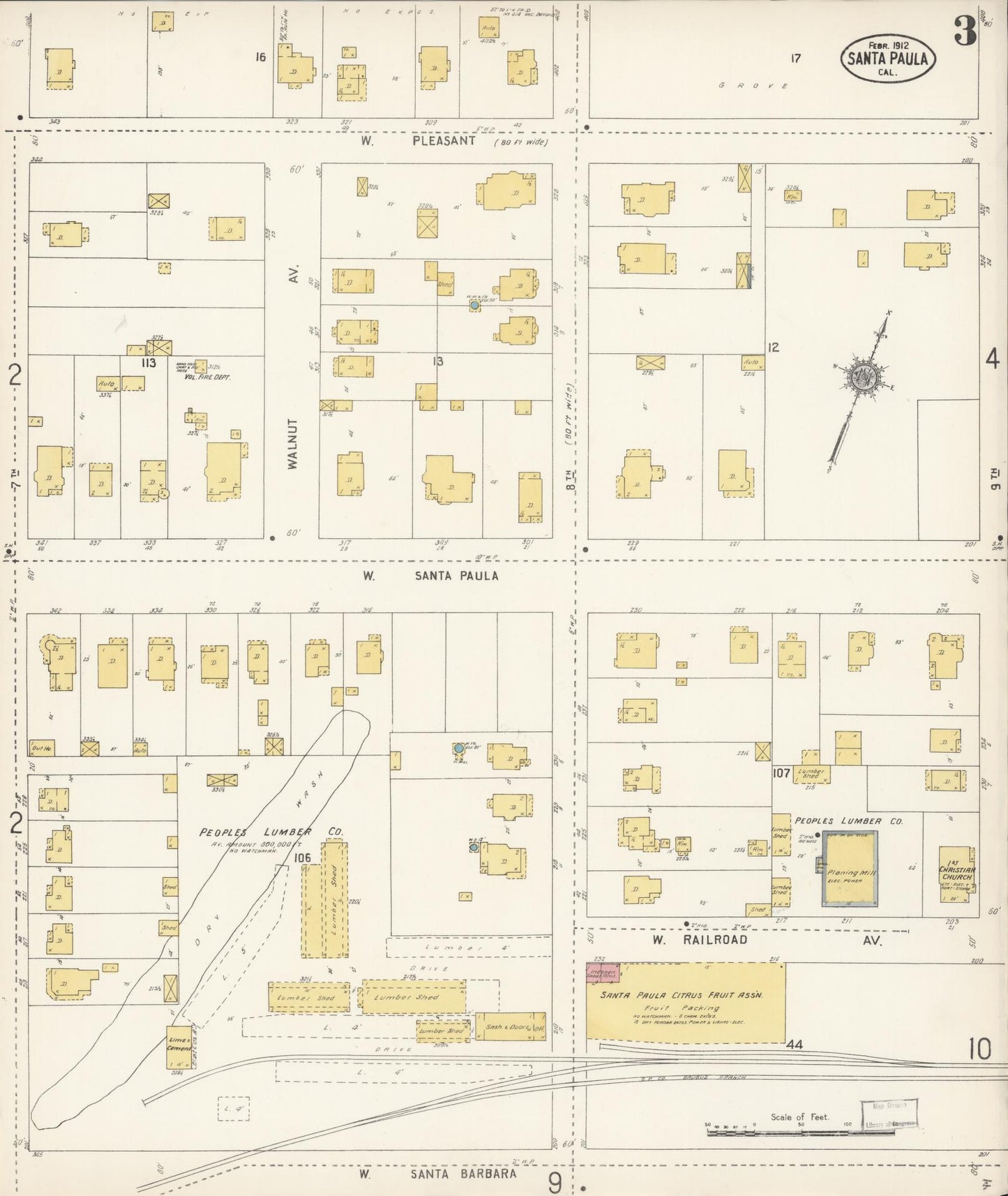 Sanborn Fire Insurance Map from Santa Paula, Ventura County, California (1912), Sheet #0003 - Complete Map Set gallery image, historic Sanborn map, vintage wall art, California California