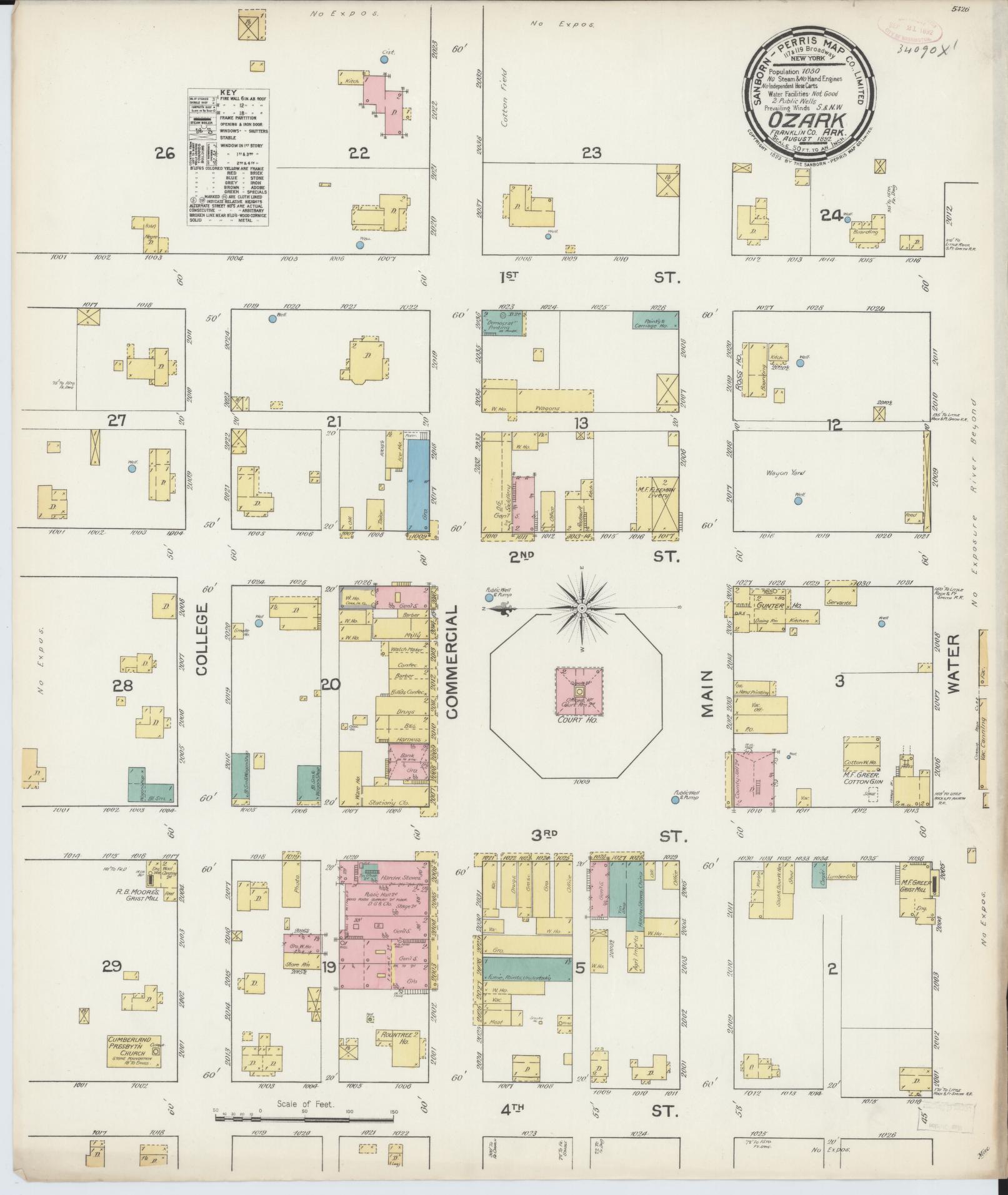 Sanborn Fire Insurance Map from Ozark, Franklin County, Arkansas (1892), Sheet #0001 - Historic Sanborn Fire Insurance Map Print, vintage old map wall art, antique decor, genealogy gift, Arkansas Arkansas map