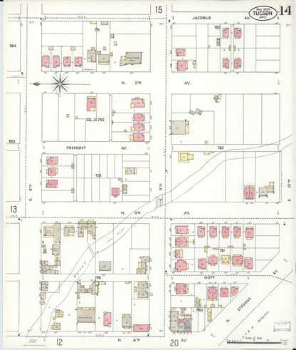 Sanborn Fire Insurance Map from Tucson, Pima County, Arizona (1909), Sheet #0014 - Complete Map Set gallery image, historic Sanborn map, vintage wall art, Arizona Arizona