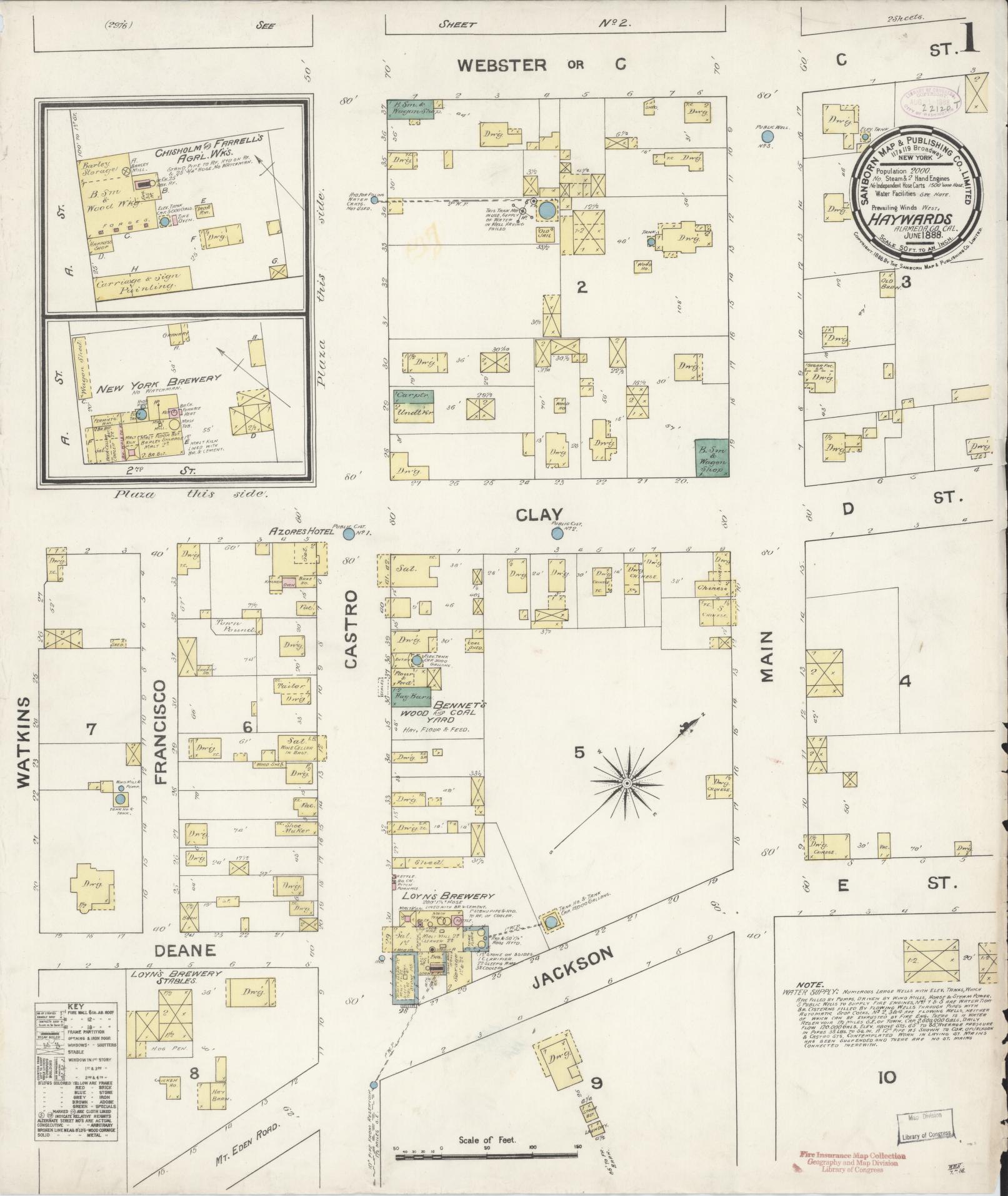 Sanborn Fire Insurance Map from Hayward, Alameda County, California (1888), Sheet #0001 - Historic Sanborn Fire Insurance Map Print, vintage old map wall art, antique decor, genealogy gift, California California map
