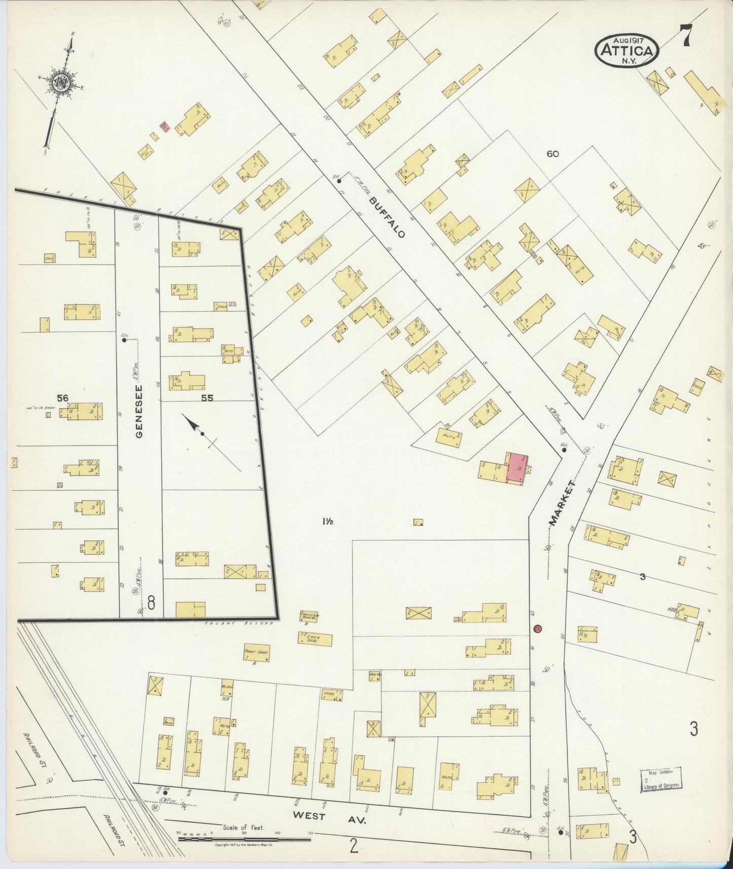 Sanborn Fire Insurance Map from Attica, Wyoming County, New York (1917), Sheet #0007 - Complete Map Set gallery image, historic Sanborn map, vintage wall art, Attica Wyoming
