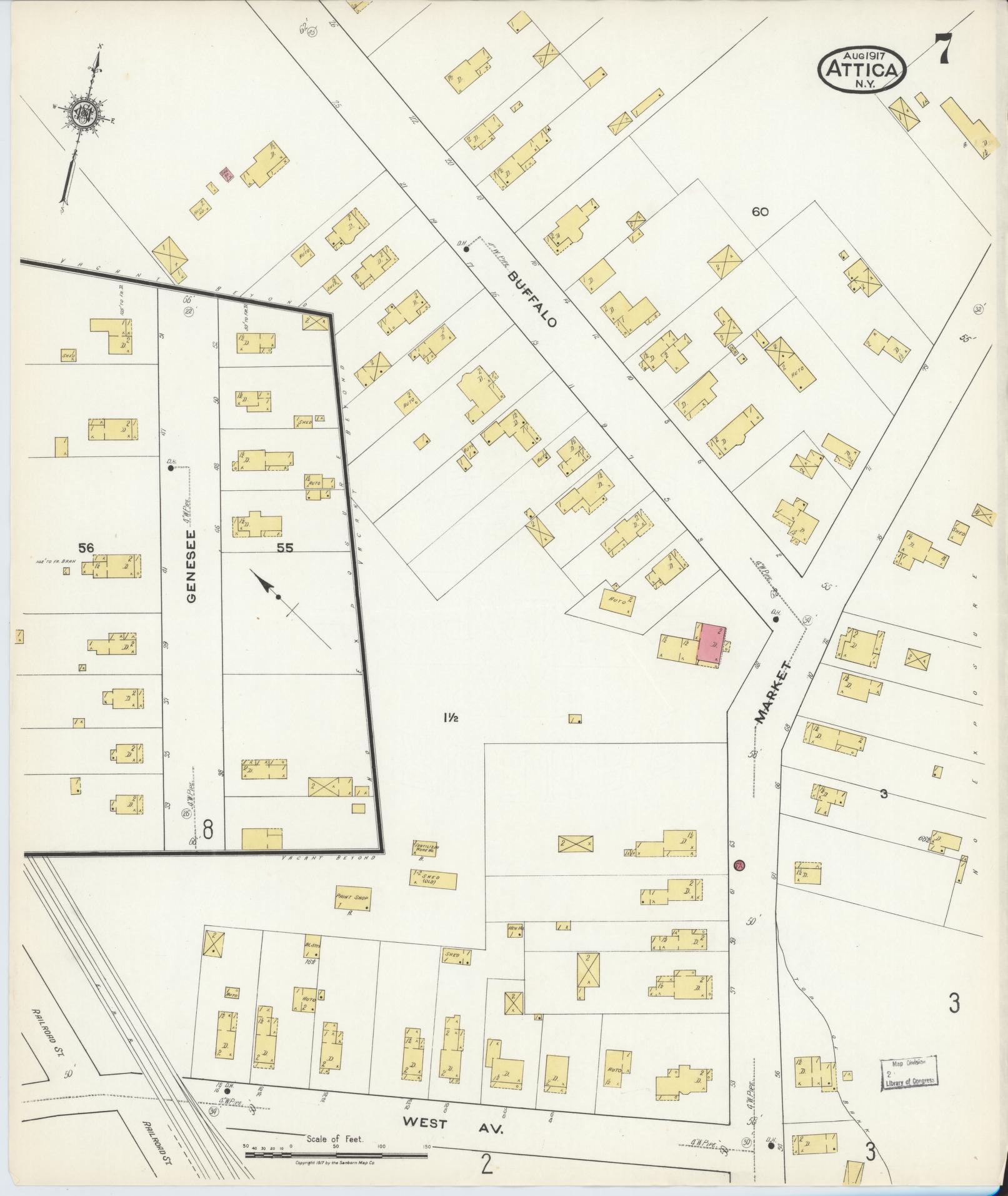 Sanborn Fire Insurance Map from Attica, Wyoming County, New York (1917), Sheet #0007 - Complete Map Set gallery image, historic Sanborn map, vintage wall art, Attica Wyoming