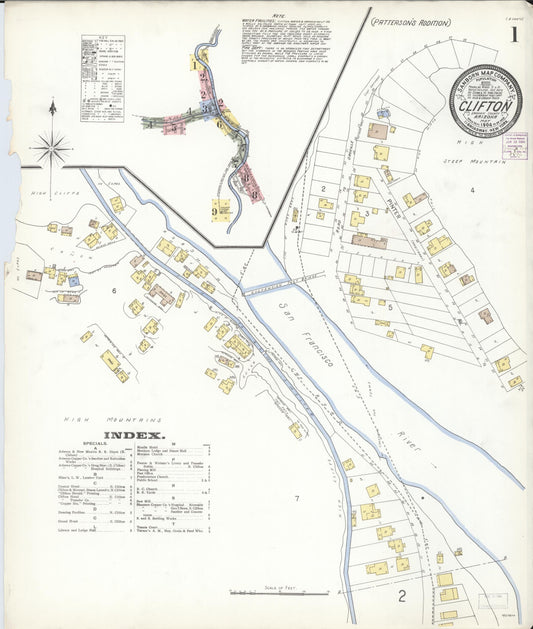 Sanborn Fire Insurance Map from Clifton, Greenlee County, Arizona (1904), Sheet #0001 - Complete Map Set gallery image, historic Sanborn map, vintage wall art, Arizona Arizona