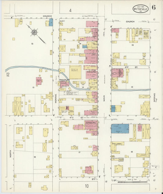 Sanborn Fire Insurance Map from Wytheville, Wythe County, Virginia (1913), Sheet #0006 - Historic Sanborn Fire Insurance Map Print, vintage old map wall art, antique decor, genealogy gift, Virginia Virginia map