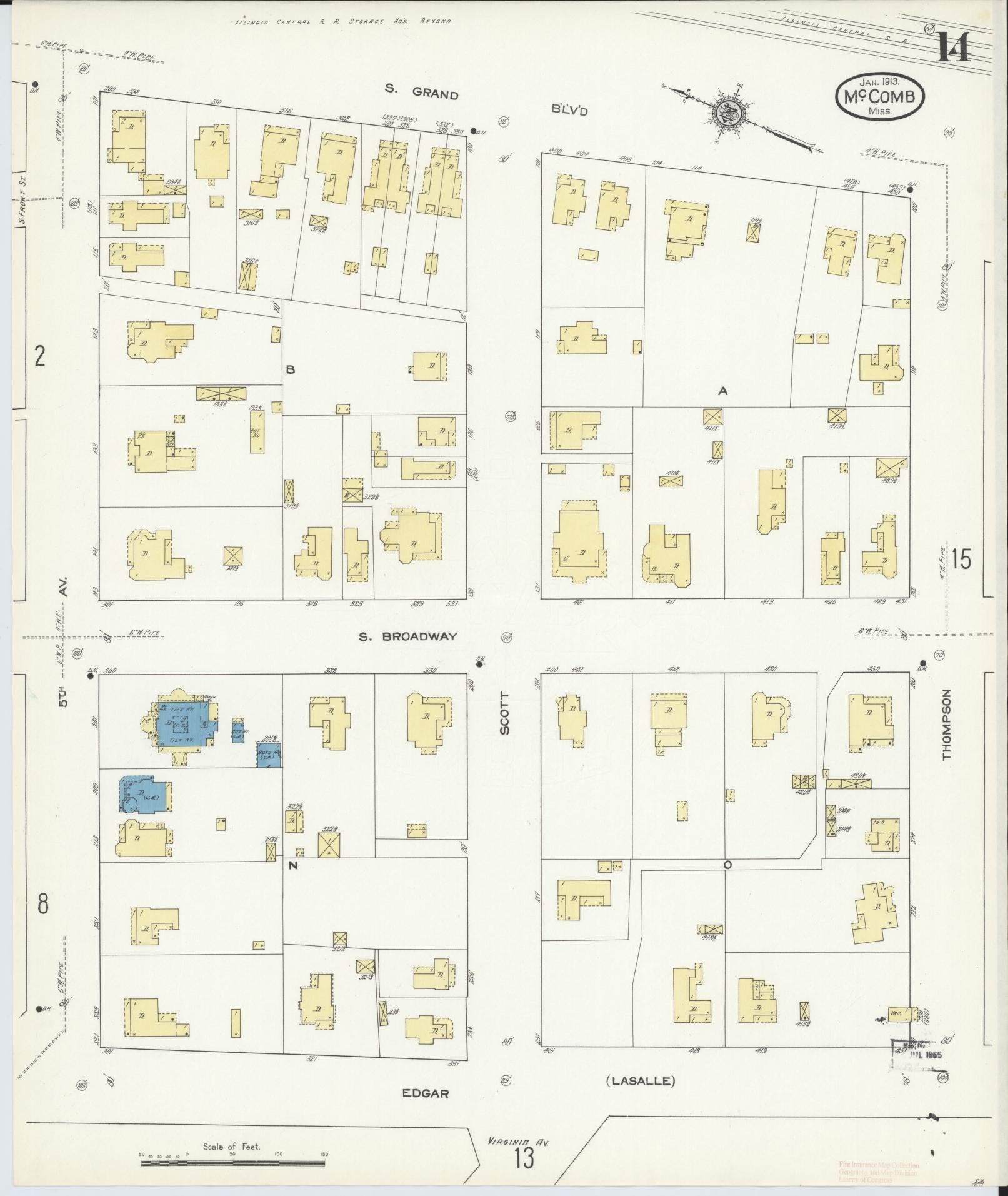 Sanborn Fire Insurance Map from McComb, Pike County, Mississippi (1913), Sheet #0014 - Complete Map Set gallery image, historic Sanborn map, vintage wall art, Mississippi Mississippi