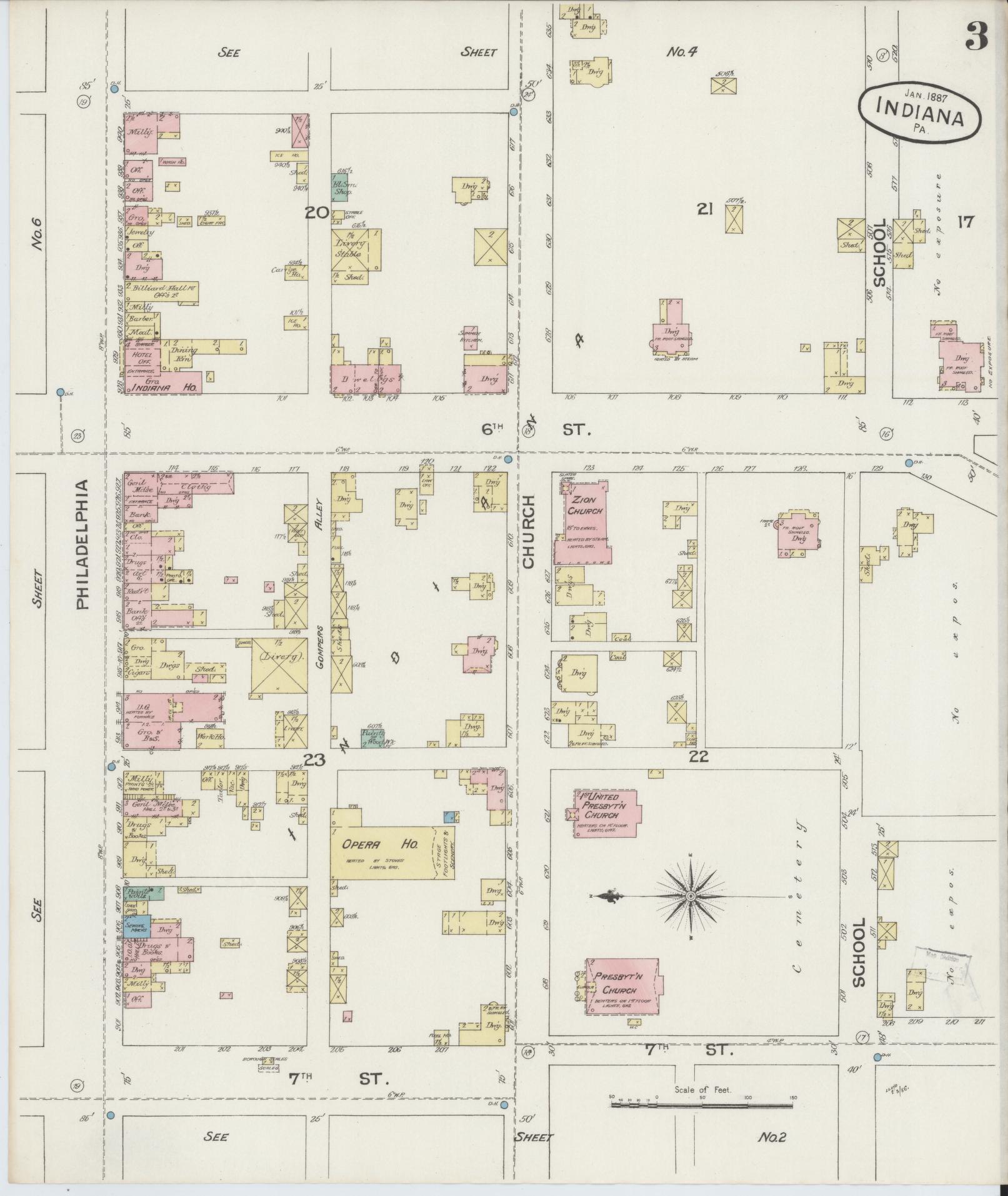 Sanborn Fire Insurance Map from Indiana, Indiana County, Pennsylvania (1887), Sheet #0003 - Historic Sanborn Fire Insurance Map Print, vintage old map wall art, antique decor, genealogy gift, Sanborn Fire Insurance Map from Indiana Indiana map