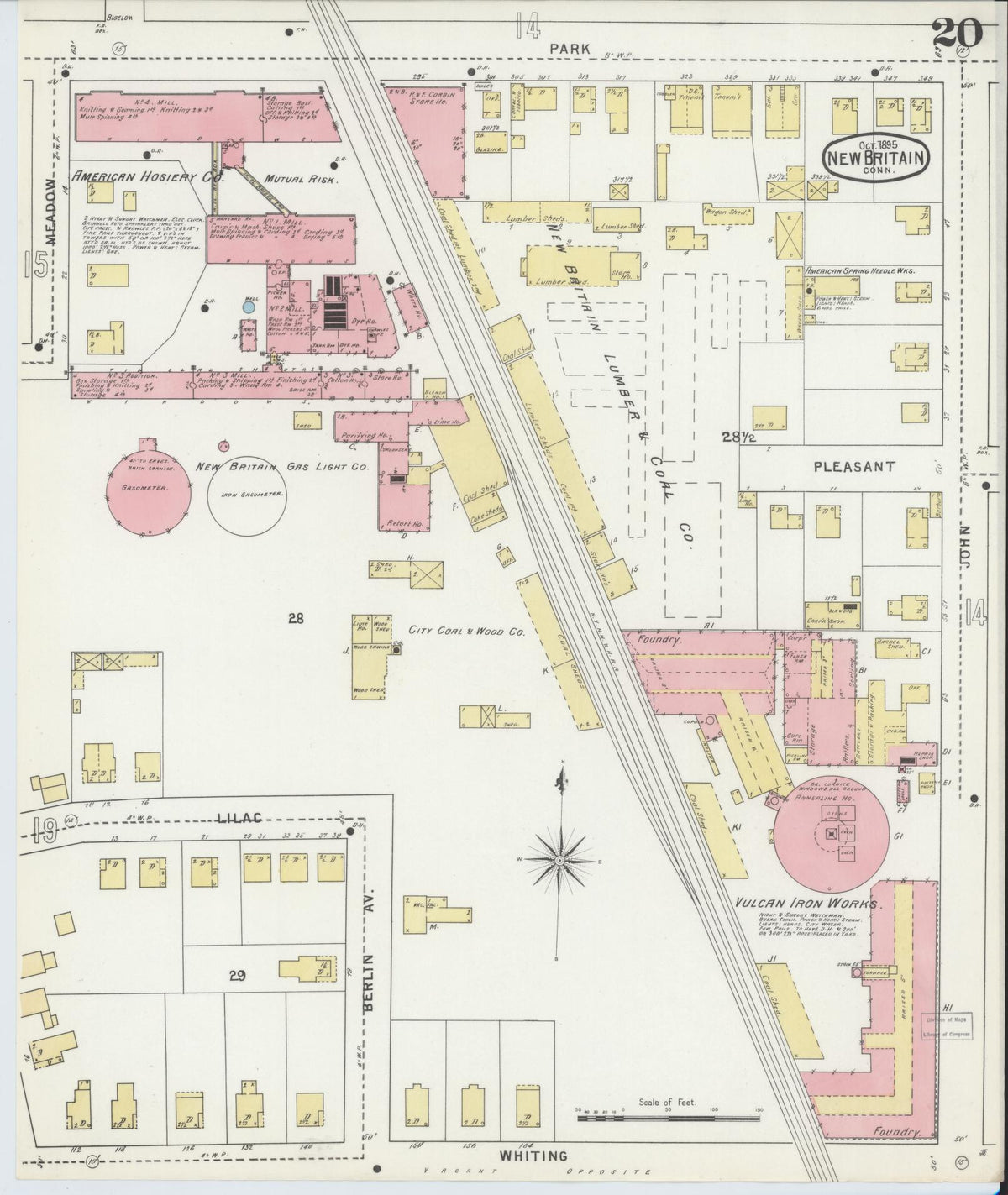 Sanborn Fire Insurance Map from New Britain, Hartford County, Connecticut (1895), Sheet #0020 - Historic Sanborn Fire Insurance Map Print, vintage old map wall art, antique decor, genealogy gift, Connecticut Connecticut map