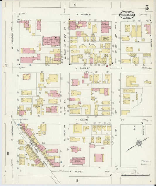 Sanborn Fire Insurance Map from Vicksburg, Warren County, Mississippi (1913), Sheet #0005 - Historic Sanborn Fire Insurance Map Print, vintage old map wall art, antique decor, genealogy gift, Mississippi Mississippi map