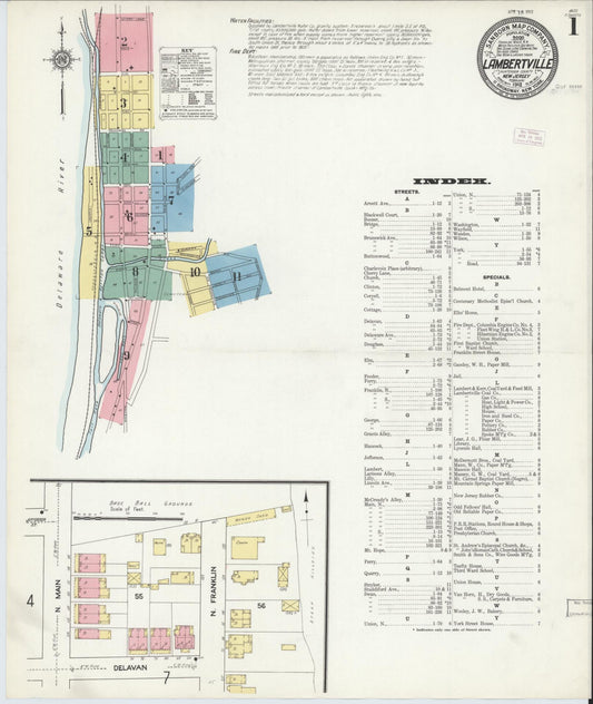 Sanborn Fire Insurance Map from Lambertville, Hunterdon County, New Jersey (1912), Sheet #0001 - Historic Sanborn Fire Insurance Map Print, vintage old map wall art, antique decor, genealogy gift, New Jersey New Jersey map