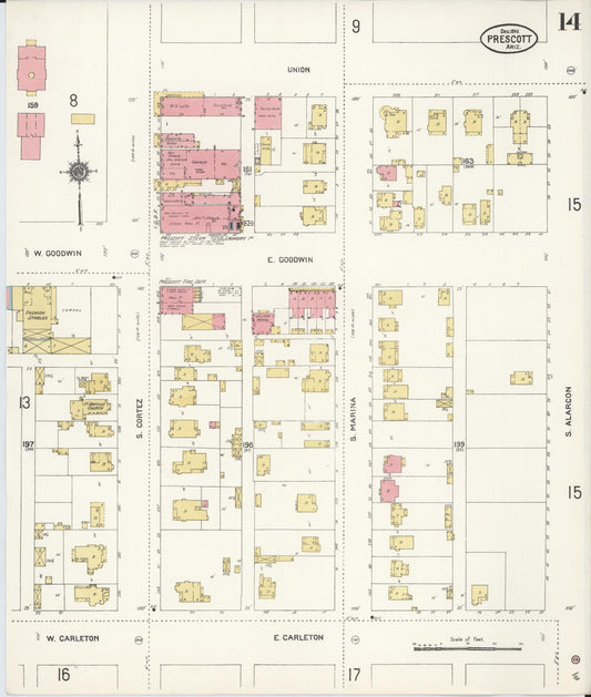 Sanborn Fire Insurance Map from Prescott, Yavapai County, Arizona (1910), Sheet #0014 - Historic Sanborn Fire Insurance Map Print, vintage old map wall art, antique decor, genealogy gift, Arizona Arizona map