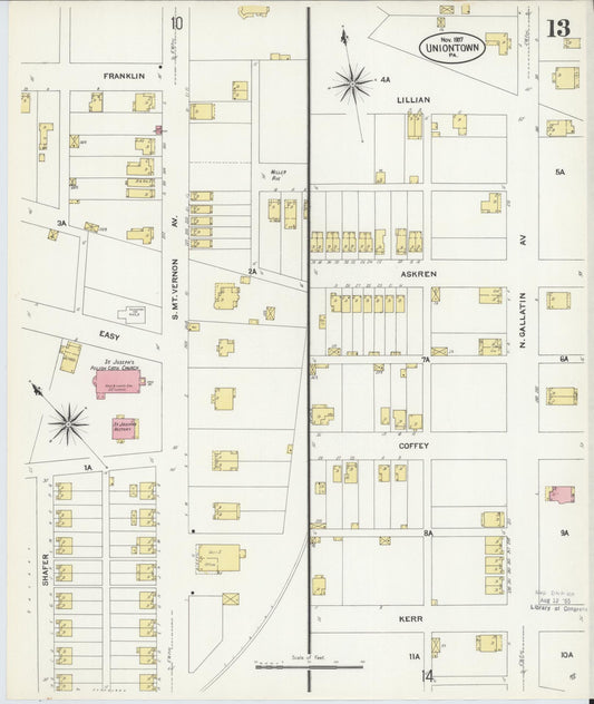 Sanborn Fire Insurance Map from Uniontown, Fayette County, Pennsylvania (1907), Sheet #0013 - Historic Sanborn Fire Insurance Map Print, vintage old map wall art, antique decor, genealogy gift, Pennsylvania Pennsylvania map