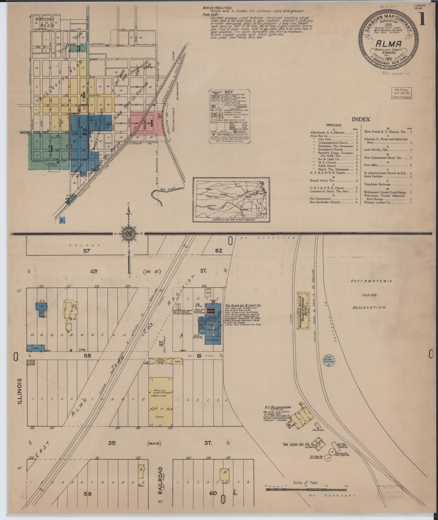 Sanborn Fire Insurance Map from Alma, Wabaunsee County, Kansas (1922), Sheet #0001 - Complete Map Set gallery image, historic Sanborn map, vintage wall art, Kansas Kansas