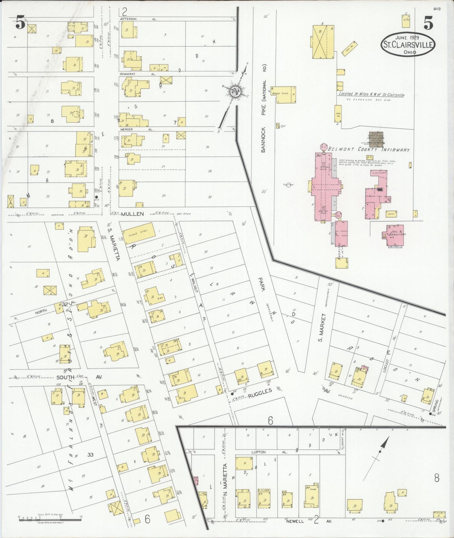 Sanborn Fire Insurance Map from Saint Clairsville, Belmont County, Ohio (1929), Sheet #0005 - Complete Map Set gallery image, historic Sanborn map, vintage wall art, Ohio Ohio