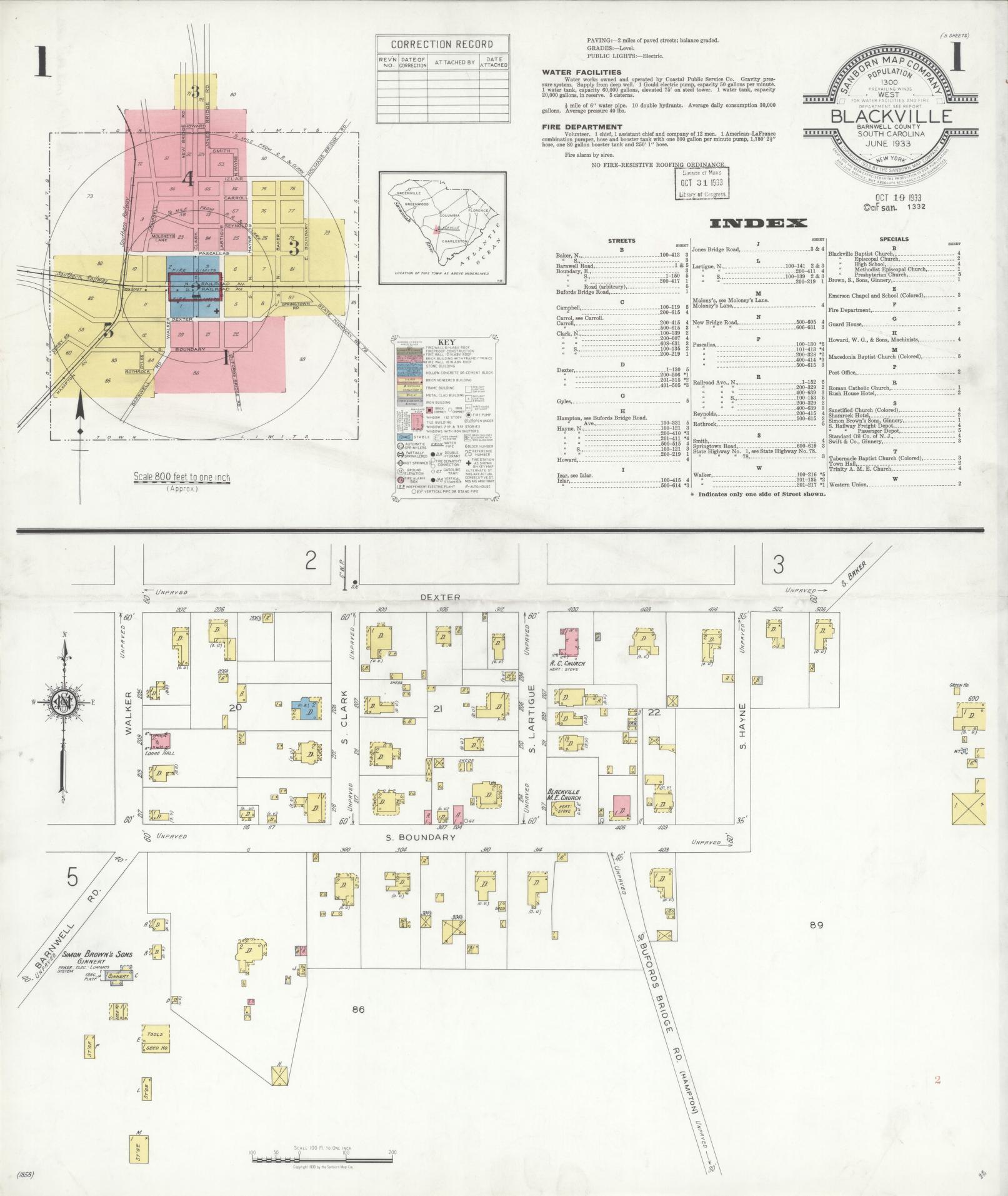 Sanborn Fire Insurance Map from Blackville, Barnwell County, South Carolina (1933), Sheet #0001 - Complete Map Set gallery image, historic Sanborn map, vintage wall art, South Carolina South Carolina