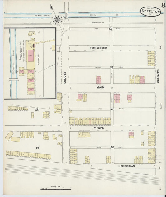Sanborn Fire Insurance Map from Steelton, Dauphin County, Pennsylvania (1890), Sheet #0008 - Historic Sanborn Fire Insurance Map Print, vintage old map wall art, antique decor, genealogy gift, Pennsylvania Pennsylvania map