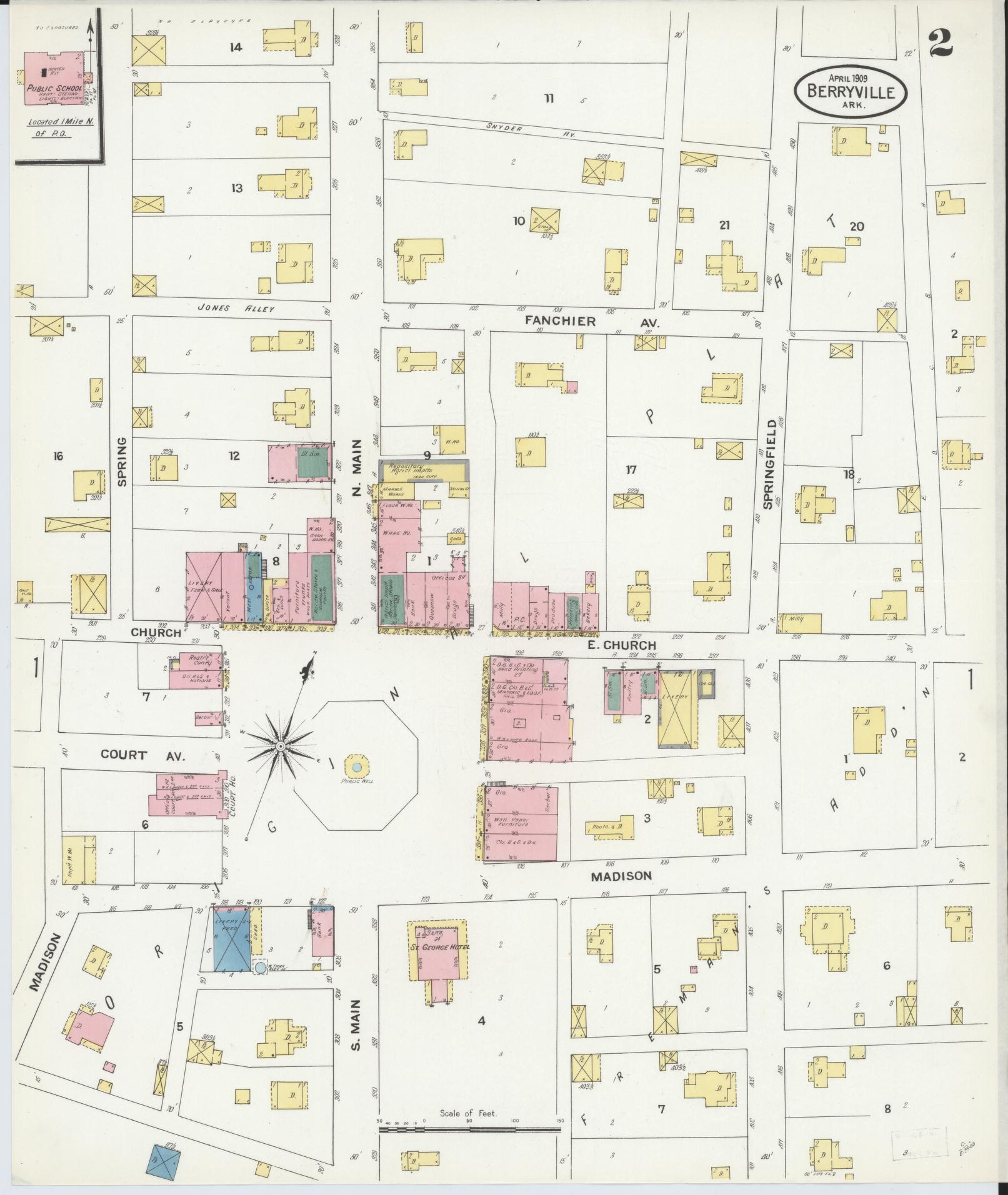 Sanborn Fire Insurance Map from Berryville, Carroll County, Arkansas (1909), Sheet #0002 - Historic Sanborn Fire Insurance Map Print, vintage old map wall art, antique decor, genealogy gift, Arkansas Arkansas map