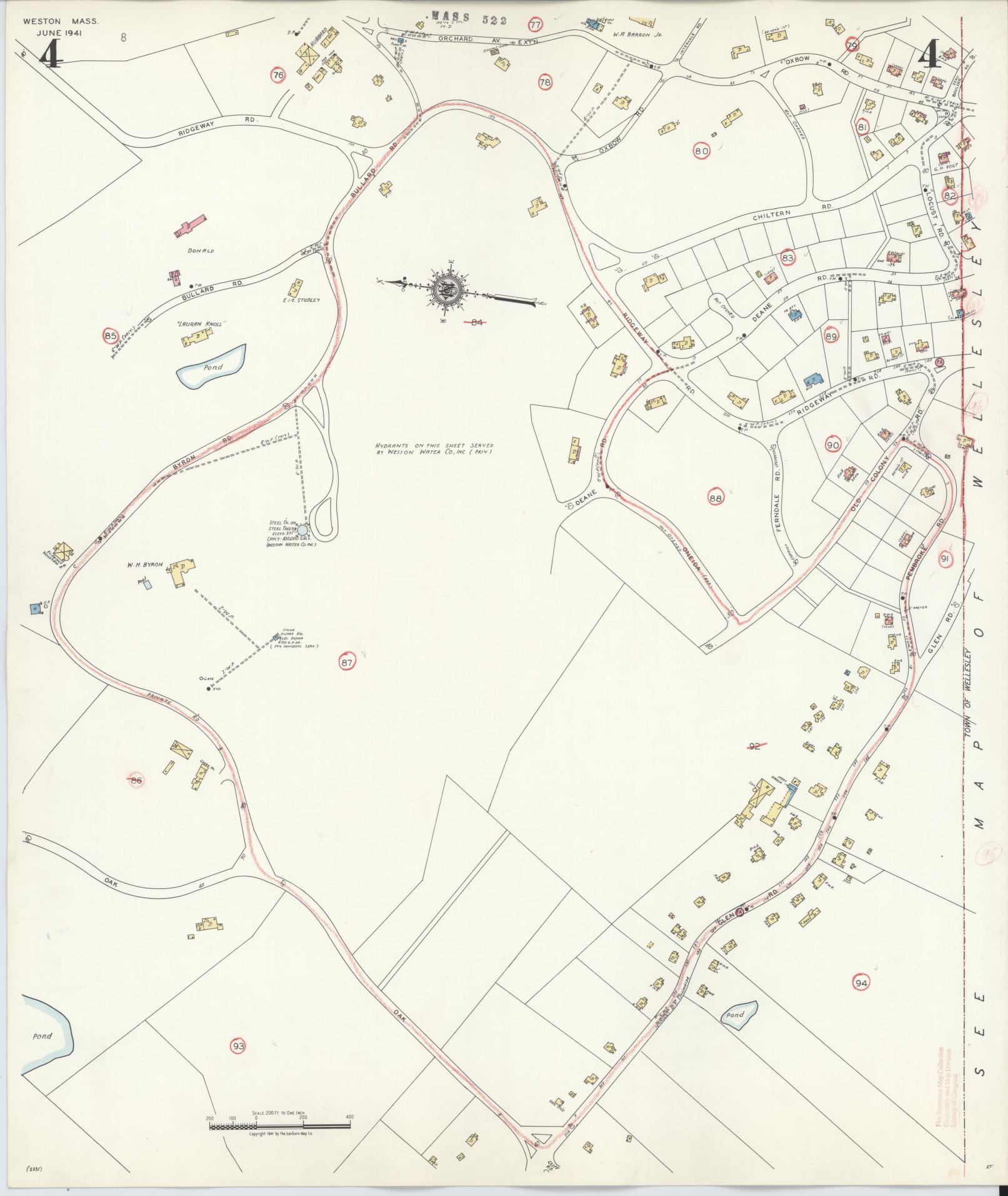 Sanborn Fire Insurance Map from Weston, Middlesex County, Massachusetts (1941), Sheet #0004 - Historic Sanborn Fire Insurance Map Print, vintage old map wall art, antique decor, genealogy gift, Massachusetts Massachusetts map