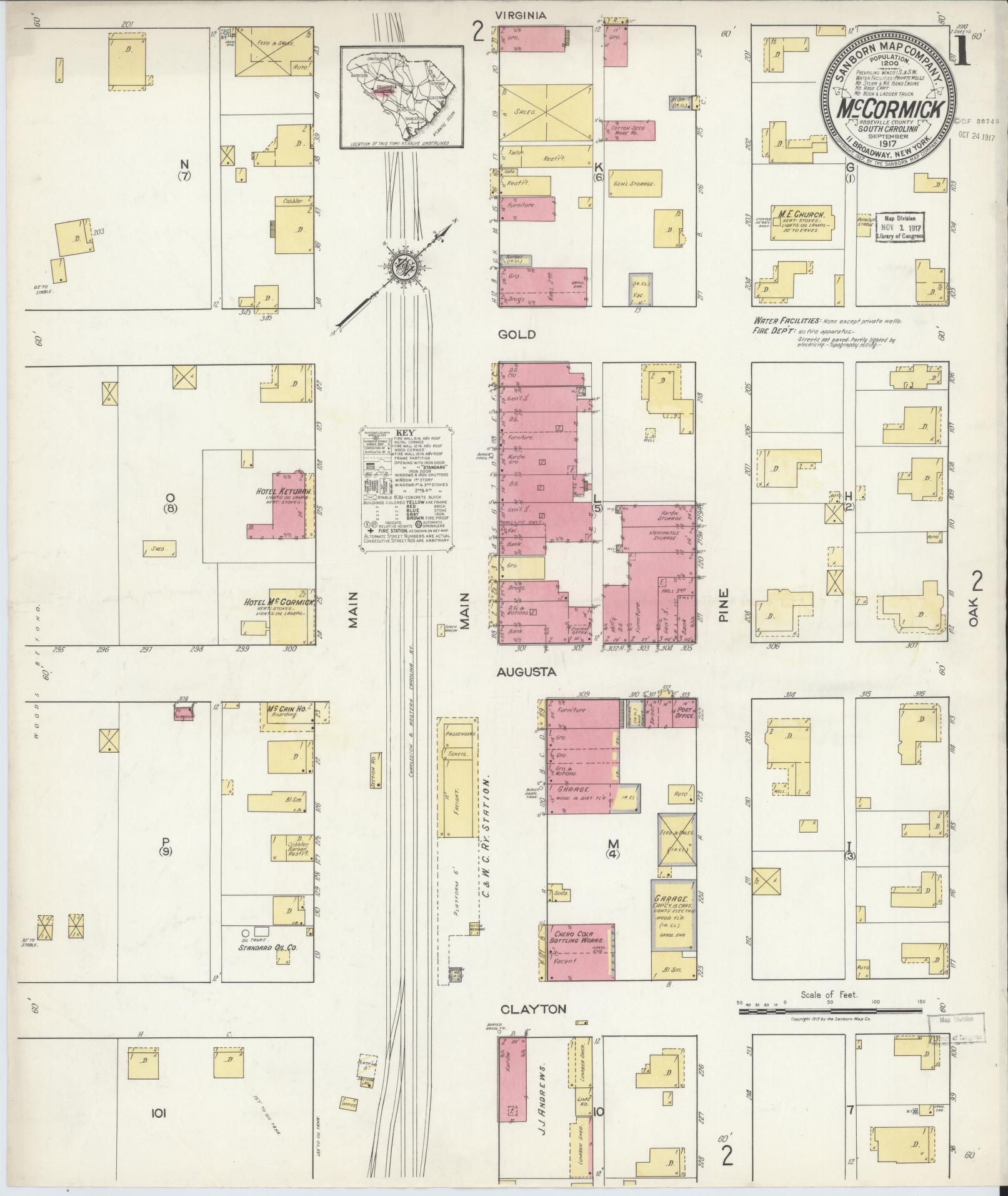 Sanborn Fire Insurance Map from McCormick, McCormick County, South Carolina (1917), Sheet #0001 - Historic Sanborn Fire Insurance Map Print, vintage old map wall art, antique decor, genealogy gift, South Carolina South Carolina map