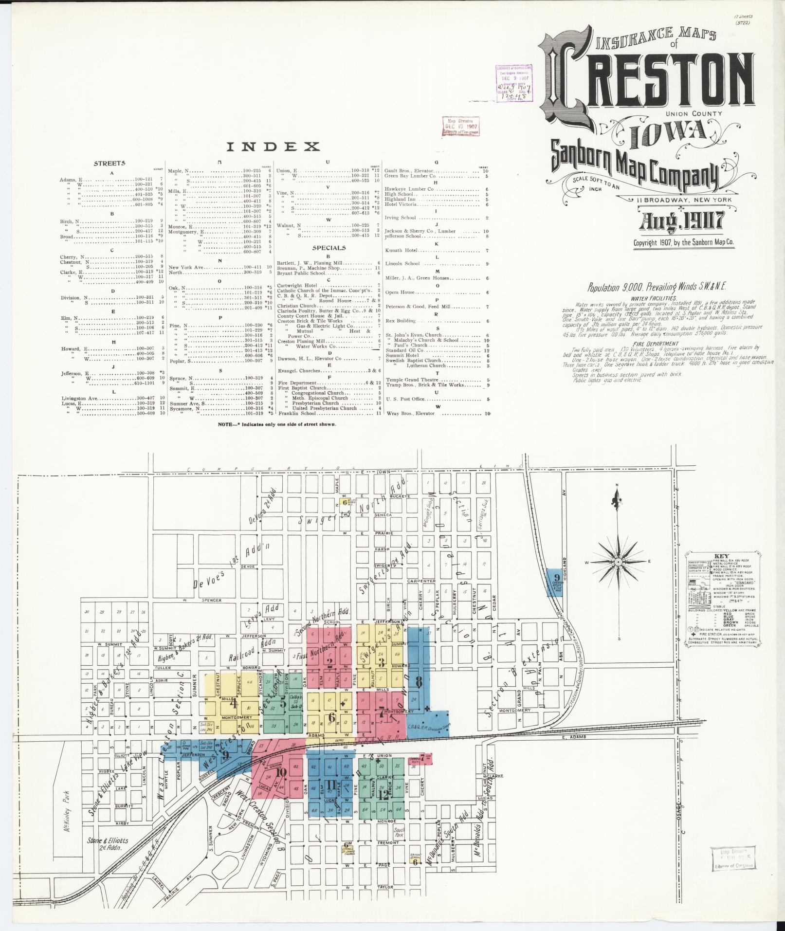 Sanborn Fire Insurance Map from Creston, Union County, Iowa (1907), Sheet #0001 - Historic Sanborn Fire Insurance Map Print, vintage old map wall art