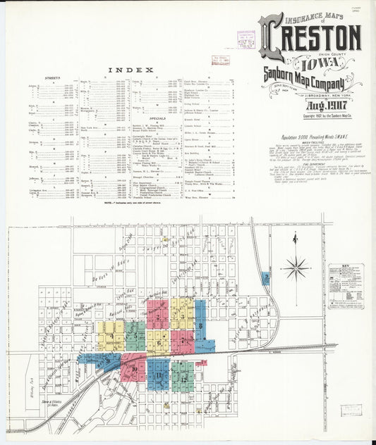 Sanborn Fire Insurance Map from Creston, Union County, Iowa (1907), Sheet #0001 - Historic Sanborn Fire Insurance Map Print, vintage old map wall art