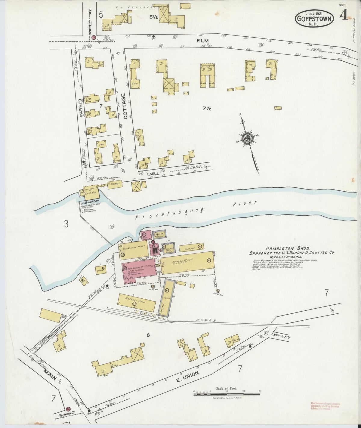 Sanborn Fire Insurance Map from Goffstown, Hillsborough County, New Hampshire (1921), Sheet #0004 - Historic Sanborn Fire Insurance Map Print, vintage old map wall art, antique decor, genealogy gift, New Hampshire New Hampshire map