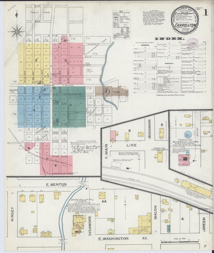Sanborn Fire Insurance Map from Carrollton, Carroll County, Missouri (1893), Sheet #0001 - Complete Map Set gallery image, historic Sanborn map, vintage wall art, Missouri Missouri