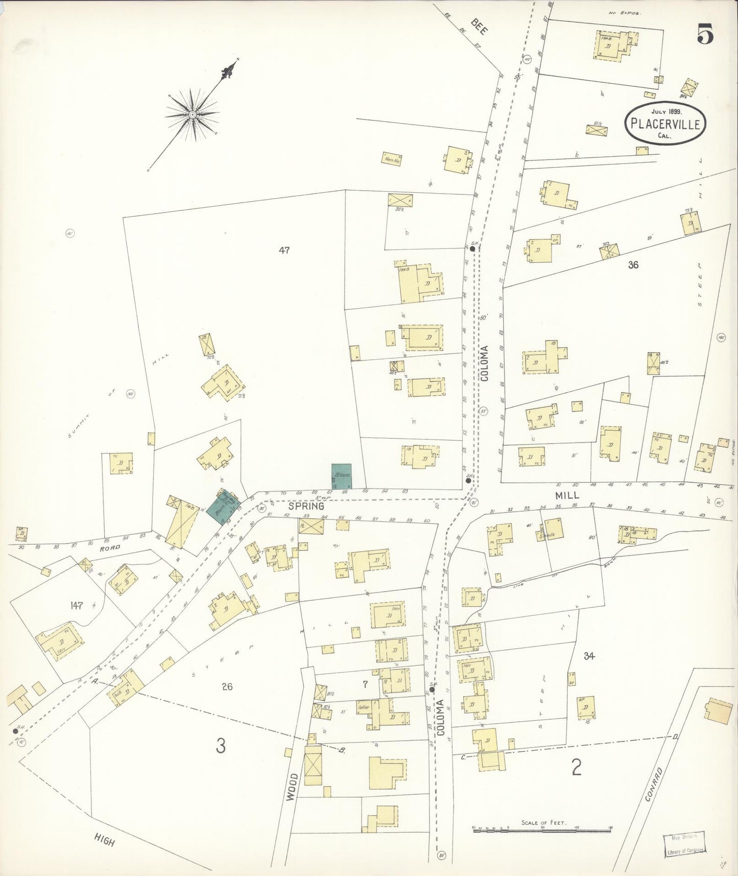 Sanborn Fire Insurance Map from Placerville, El Dorado County, California (1899), Sheet #0005 - Complete Map Set gallery image, historic Sanborn map, vintage wall art, California California