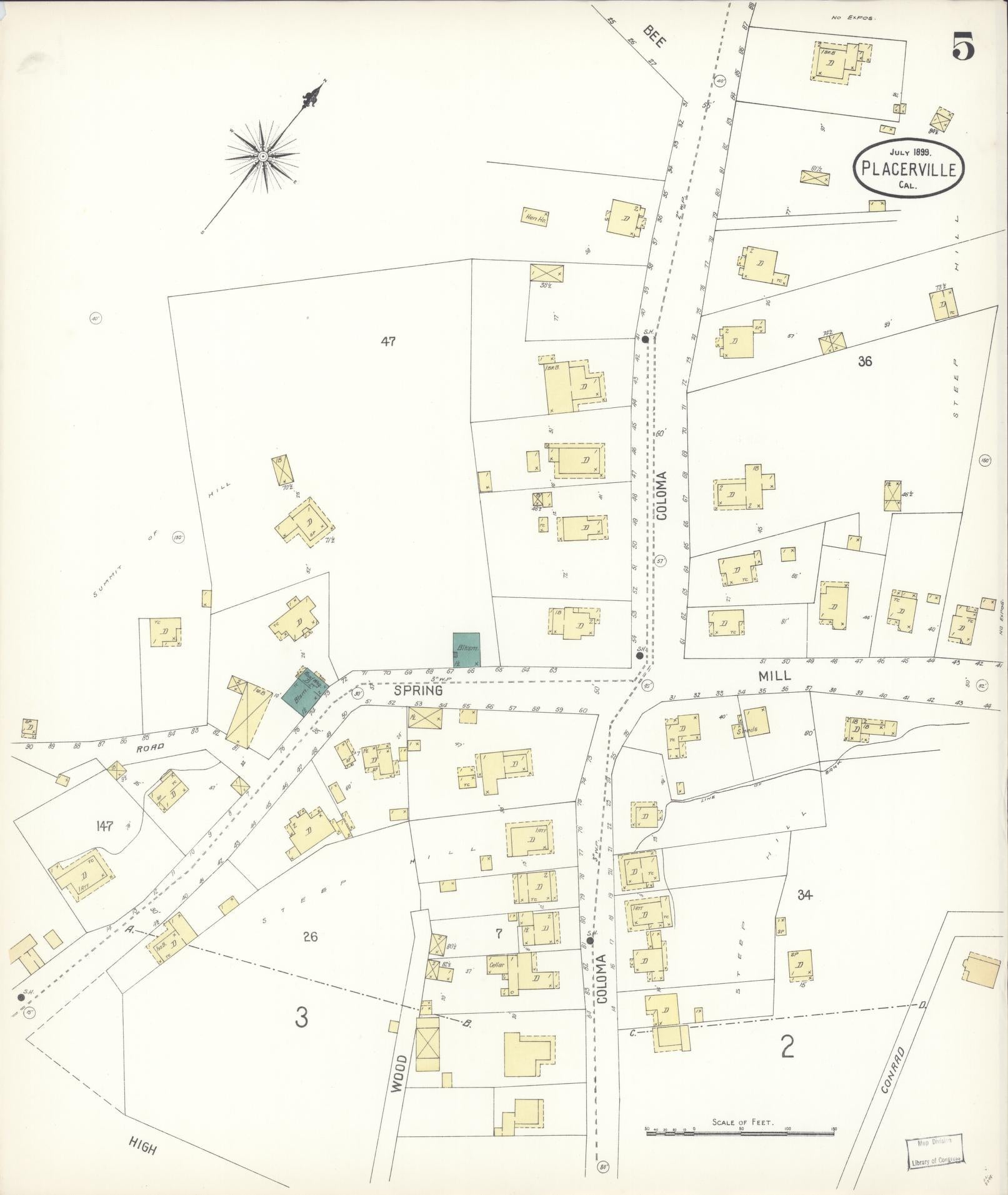 Sanborn Fire Insurance Map from Placerville, El Dorado County, California (1899), Sheet #0005 - Complete Map Set gallery image, historic Sanborn map, vintage wall art, California California