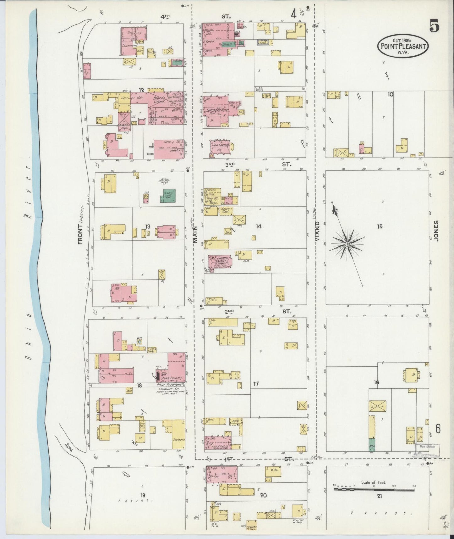 Sanborn Fire Insurance Map from Point Pleasant, Mason County, West Virginia (1905), Sheet #0005 - Historic Sanborn Fire Insurance Map Print, vintage old map wall art, antique decor, genealogy gift, West Virginia West Virginia map