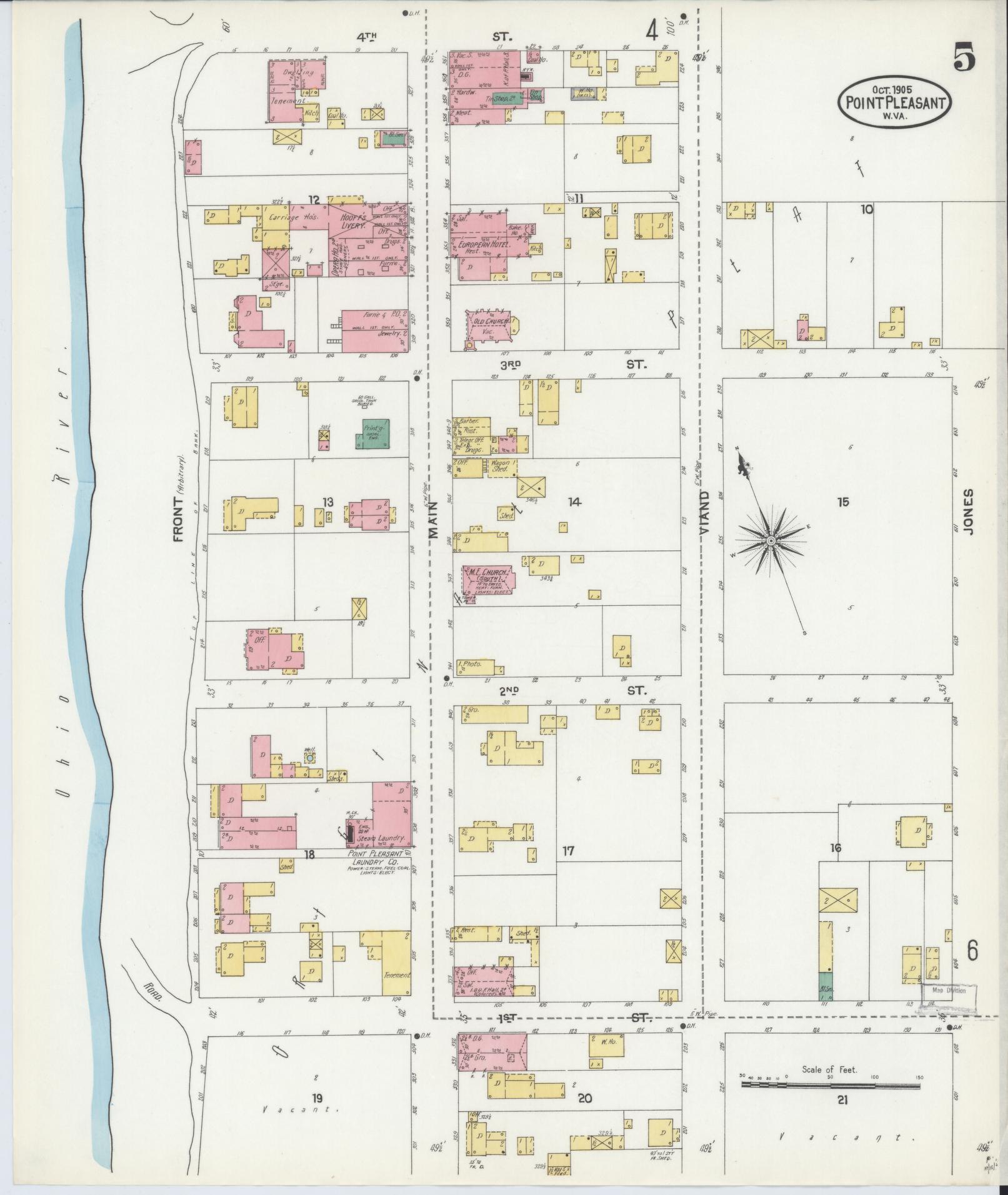 Sanborn Fire Insurance Map from Point Pleasant, Mason County, West Virginia (1905), Sheet #0005 - Historic Sanborn Fire Insurance Map Print, vintage old map wall art, antique decor, genealogy gift, West Virginia West Virginia map