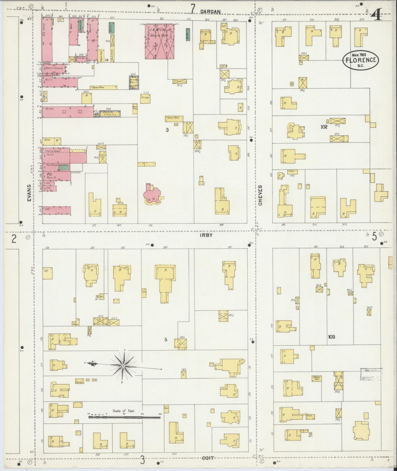 Sanborn Fire Insurance Map from Florence, Florence County, South Carolina (1903), Sheet #0004 - Complete Map Set gallery image, historic Sanborn map, vintage wall art, South Carolina South Carolina