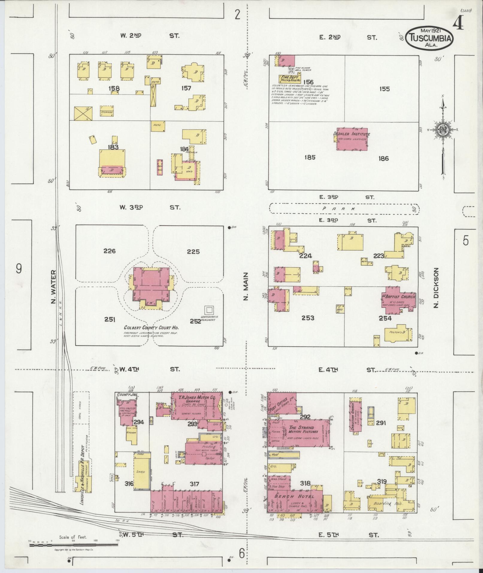 Sanborn Fire Insurance Map from Tuscumbia, Colbert County, Alabama (1921), Sheet #0004 - Complete Map Set gallery image, historic Sanborn map, vintage wall art, Alabama Alabama
