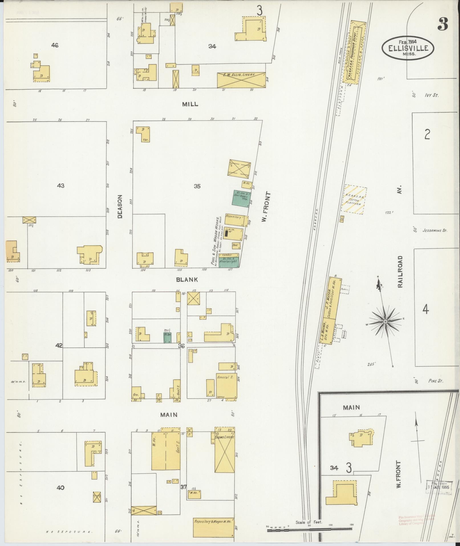 Sanborn Fire Insurance Map from Ellisville, Jones County, Mississippi (1904), Sheet #0003 - Complete Map Set gallery image, historic Sanborn map, vintage wall art, Mississippi Mississippi
