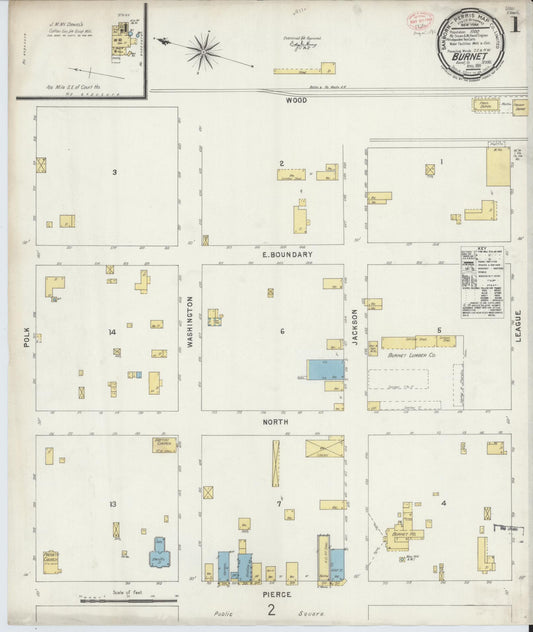 Sanborn Fire Insurance Map from Burnet, Burnet County, Texas (1896), Sheet #0001 - Historic Sanborn Fire Insurance Map Print, vintage old map wall art, antique decor, genealogy gift, Texas Texas map