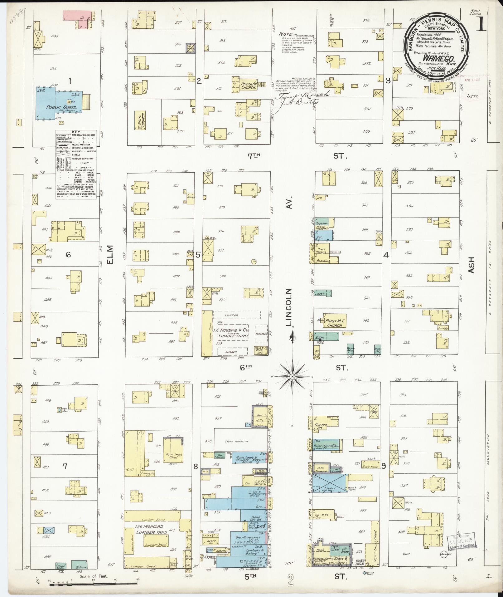 Sanborn Fire Insurance Map from Wamego, Pottawatomie County, Kansas (1892), Sheet #0001 - Complete Map Set gallery image, historic Sanborn map, vintage wall art, Kansas Kansas