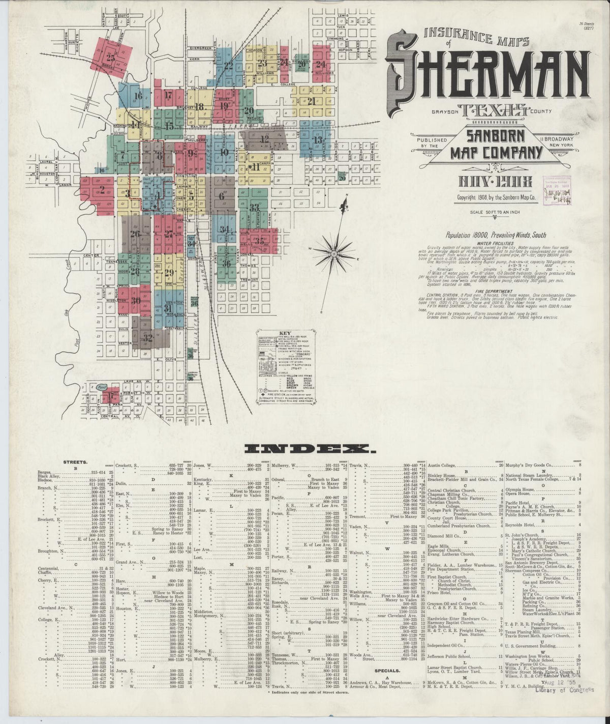 Sanborn Fire Insurance Map from Sherman, Grayson County, Texas (1908), Sheet #0001 - Historic Sanborn Fire Insurance Map Print, vintage old map wall art, antique decor, genealogy gift, Texas Texas map