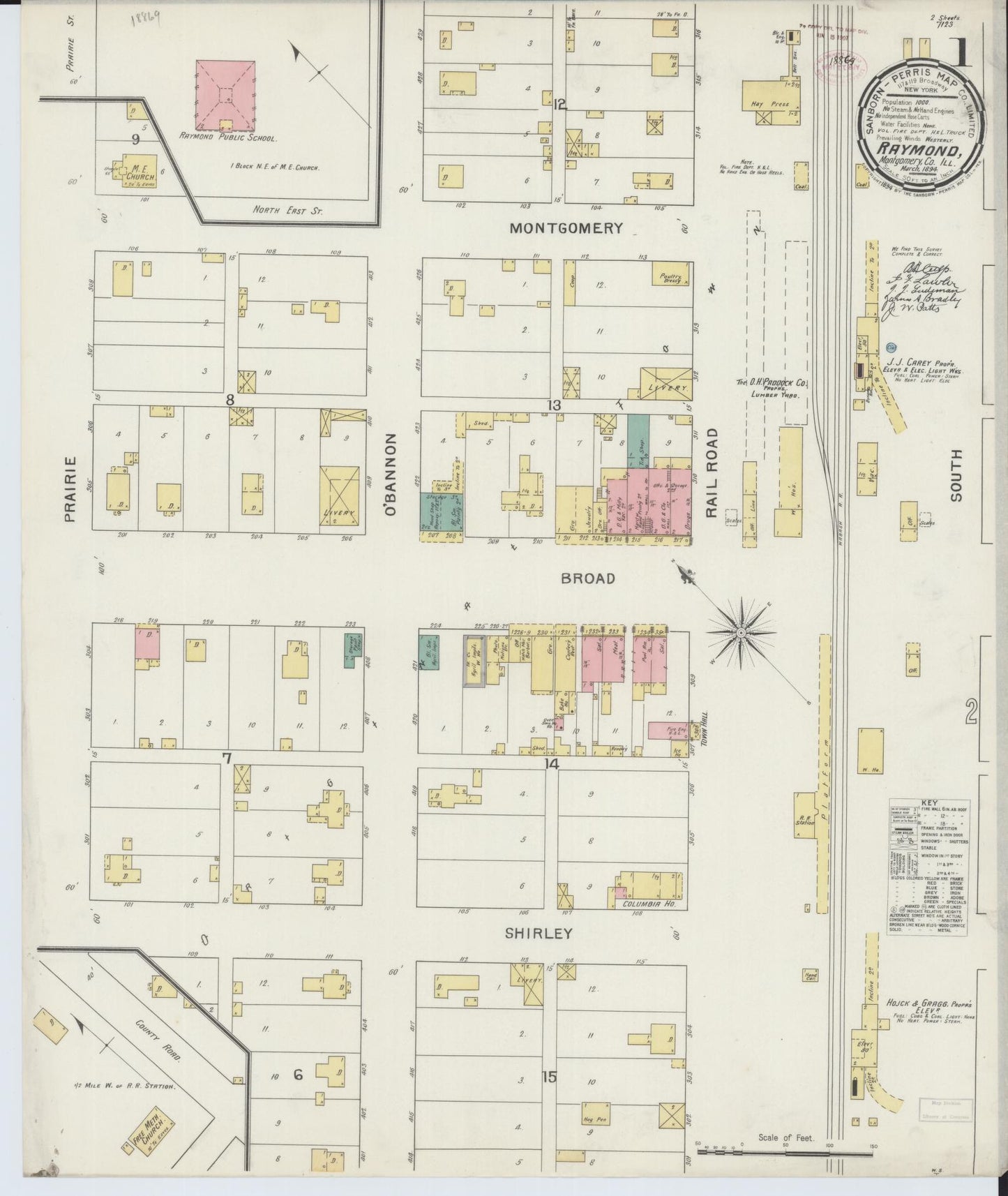 Sanborn Fire Insurance Map from Raymond, Montgomery County, Illinois (1894), Sheet #0001 - Historic Sanborn Fire Insurance Map Print, vintage old map wall art, antique decor, genealogy gift, Illinois Illinois map