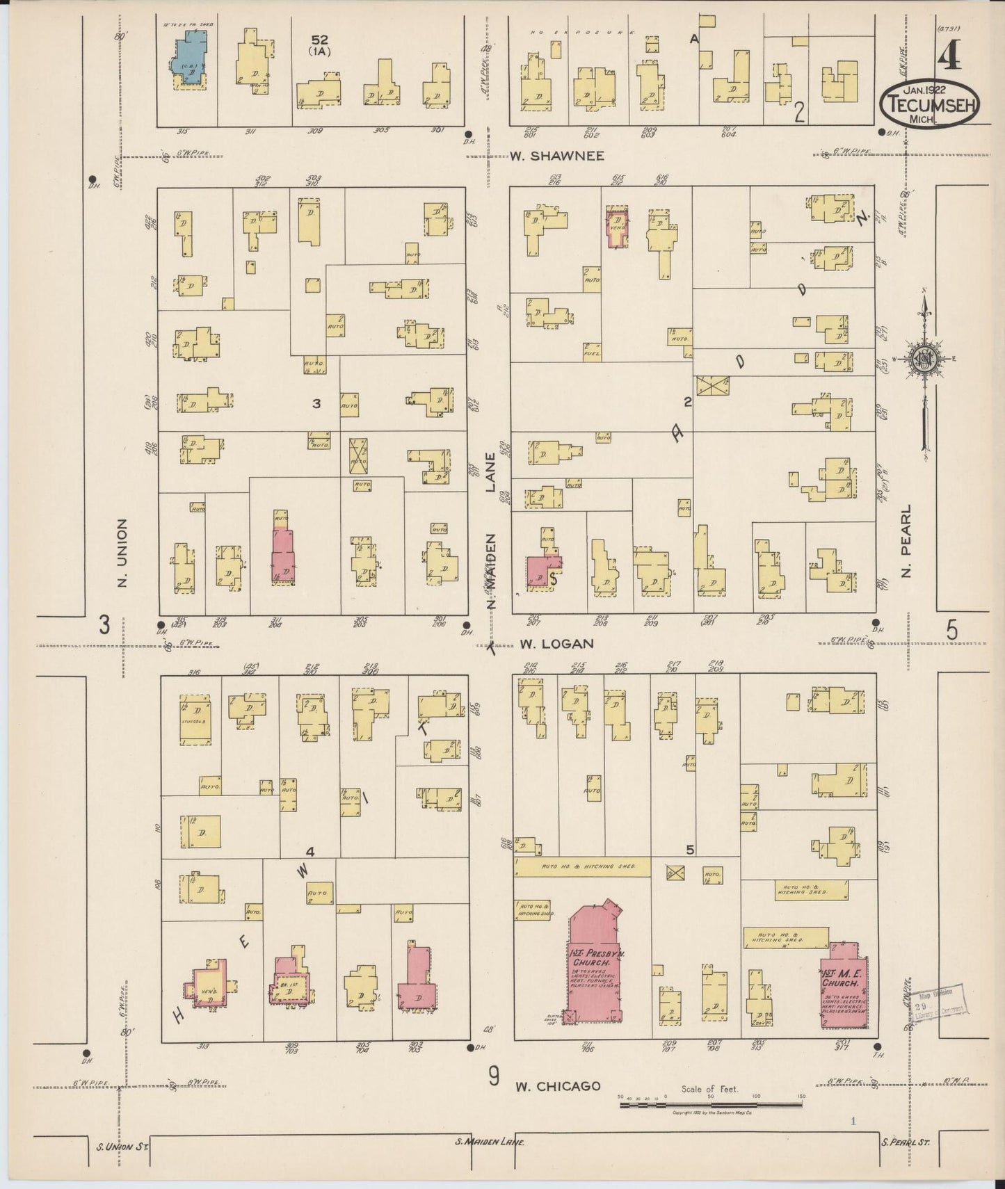 Sanborn Fire Insurance Map from Tecumseh, Lenawee County, Michigan (1922), Sheet #0004 - Complete Map Set gallery image, historic Sanborn map, vintage wall art, Michigan Michigan