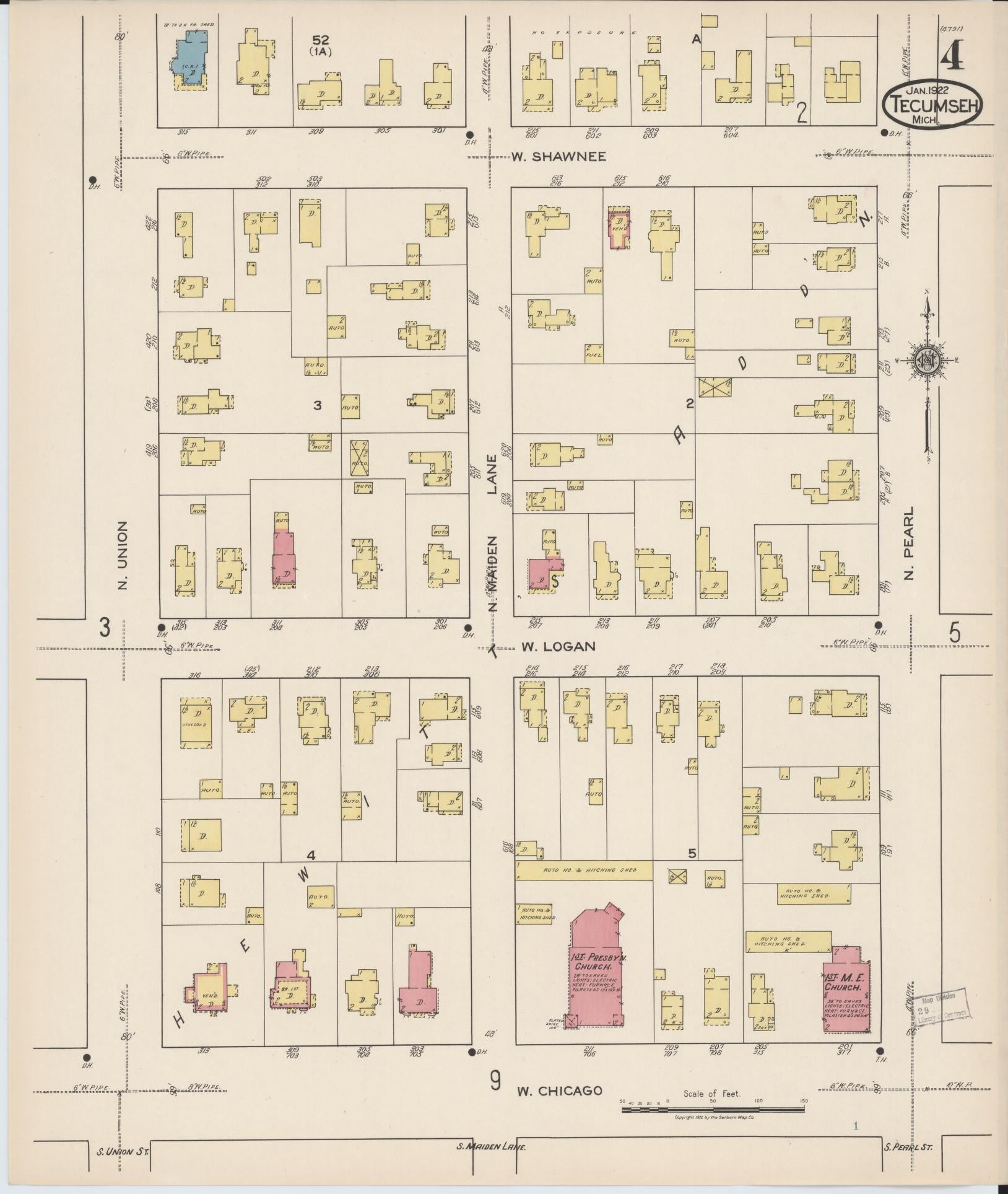 Sanborn Fire Insurance Map from Tecumseh, Lenawee County, Michigan (1922), Sheet #0004 - Complete Map Set gallery image, historic Sanborn map, vintage wall art, Michigan Michigan