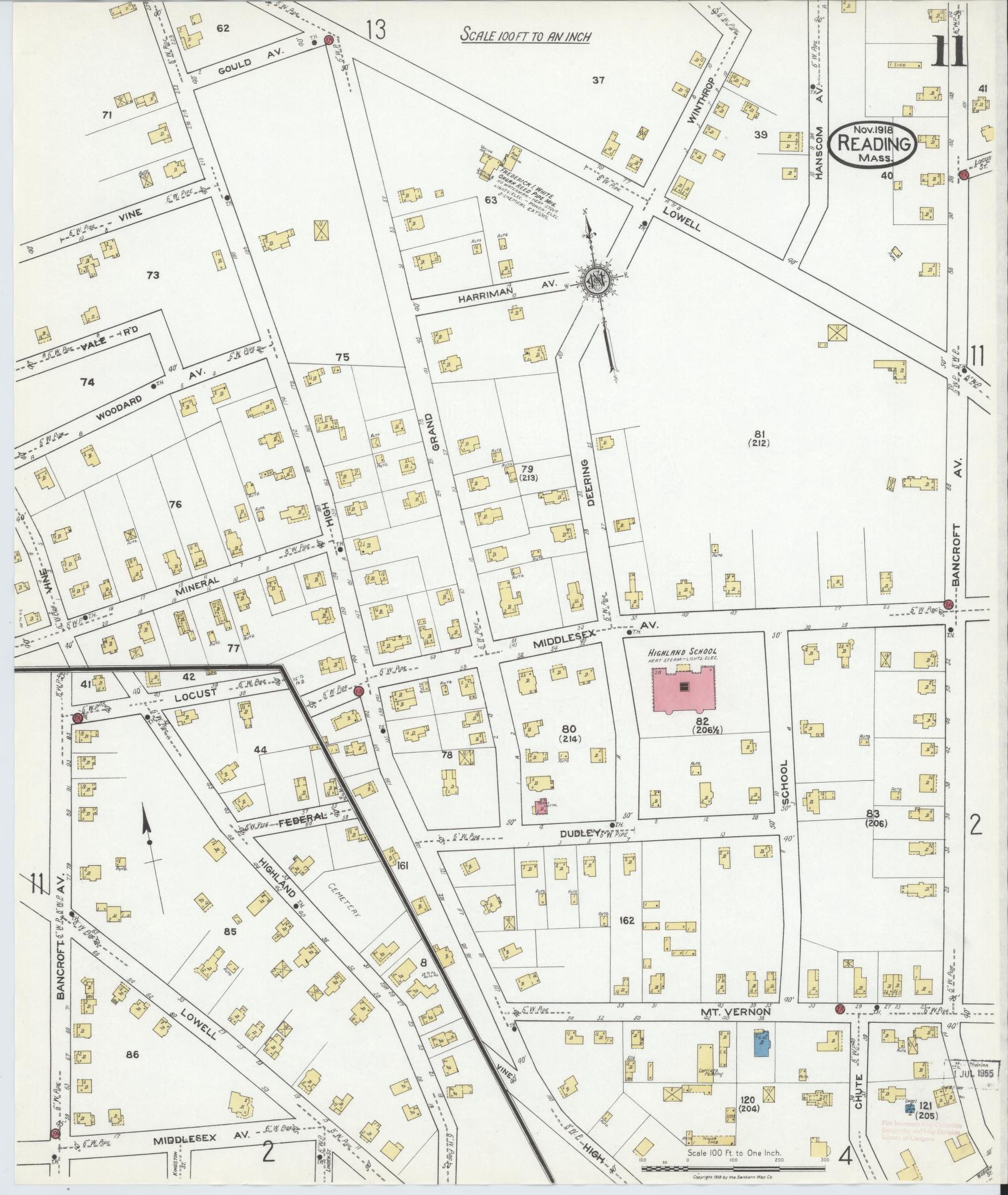 Sanborn Fire Insurance Map from Reading, Middlesex County, Massachusetts (1918), Sheet #0011 - Complete Map Set gallery image, historic Sanborn map, vintage wall art, Massachusetts Massachusetts
